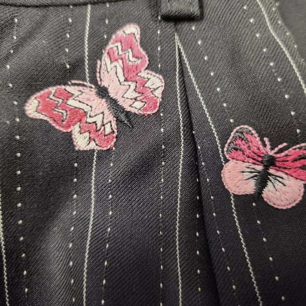 Vintage Escada Black Butterfly Wool Pinstripe Pencil Skirt